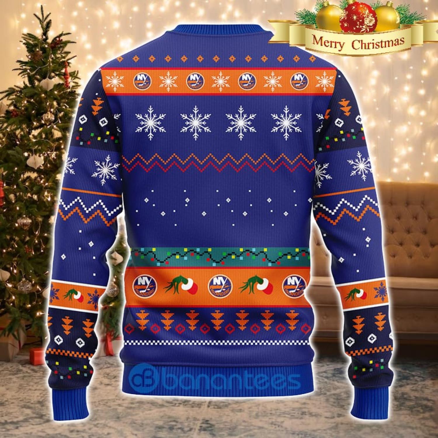 Men And Women Christmas Gift NHL New York Islanders Cute 12 Grinch Face Xmas Day 3D Ugly Christmas Sweater Product Photo 1