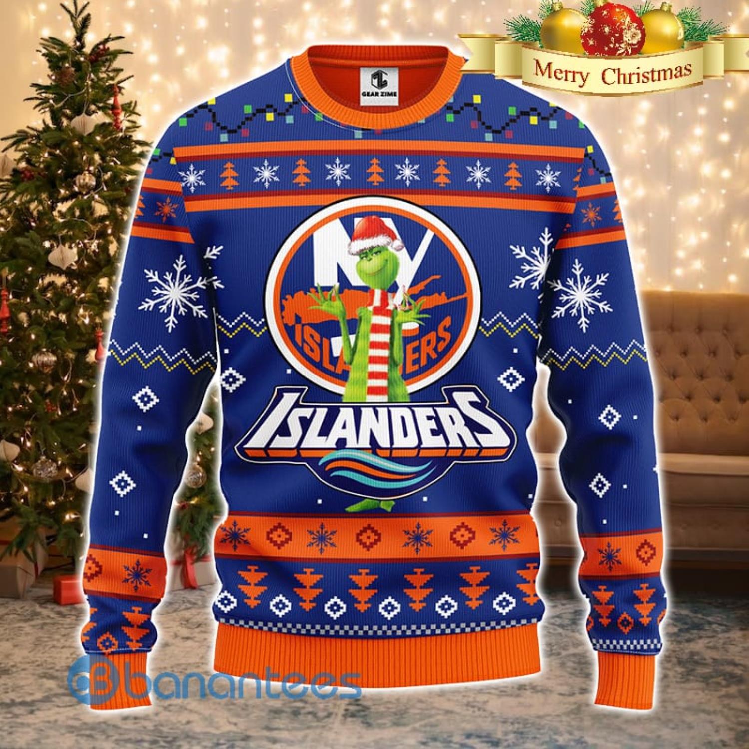 Men And Women Christmas Gift NHL New York Islanders Logo With Funny Grinch 3D Ugly Christmas Sweater For Fans Product Photo 1