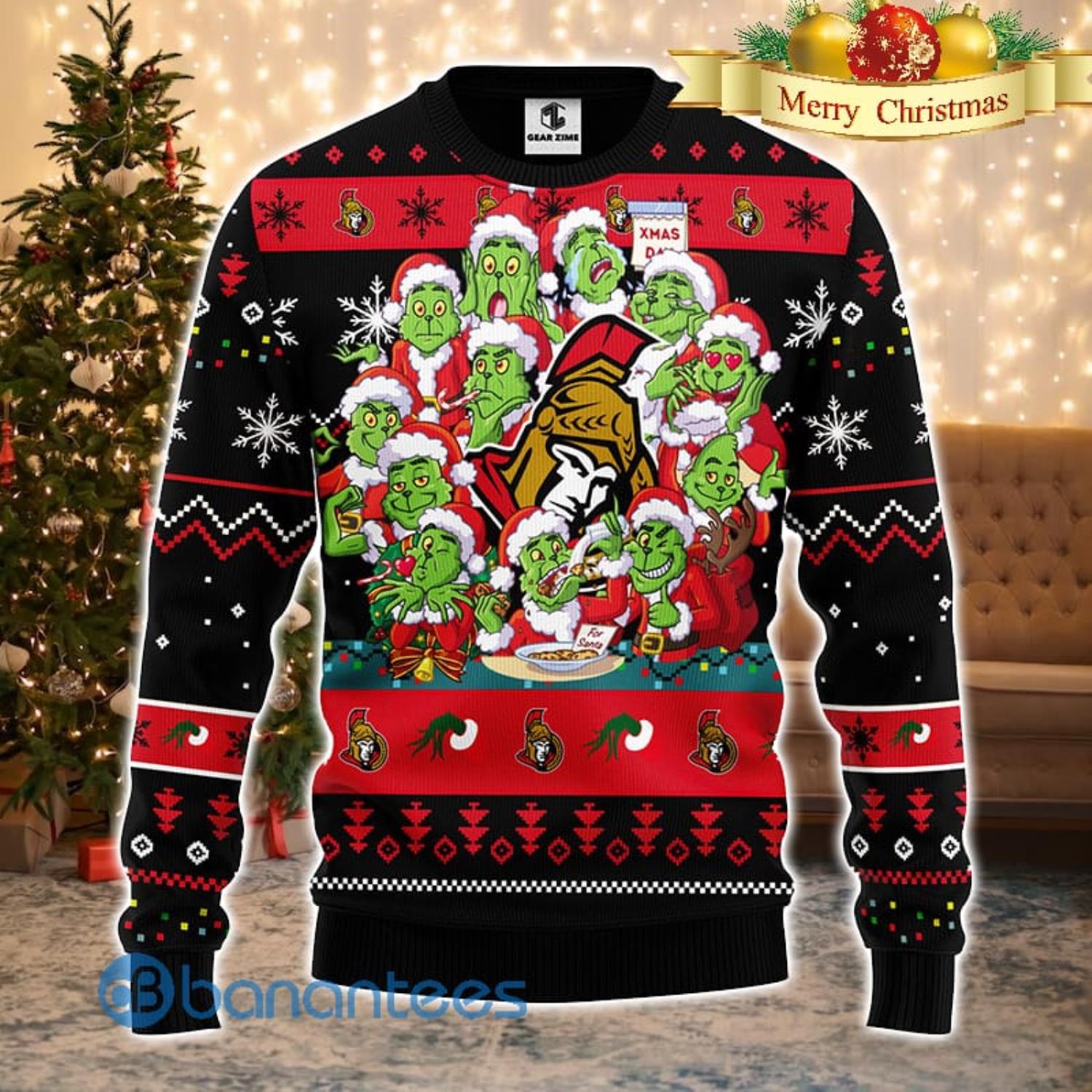Men And Women Christmas Gift NHL Ottawa Senators Cute 12 Grinch Face Xmas Day 3D Ugly Christmas Sweater Product Photo 2