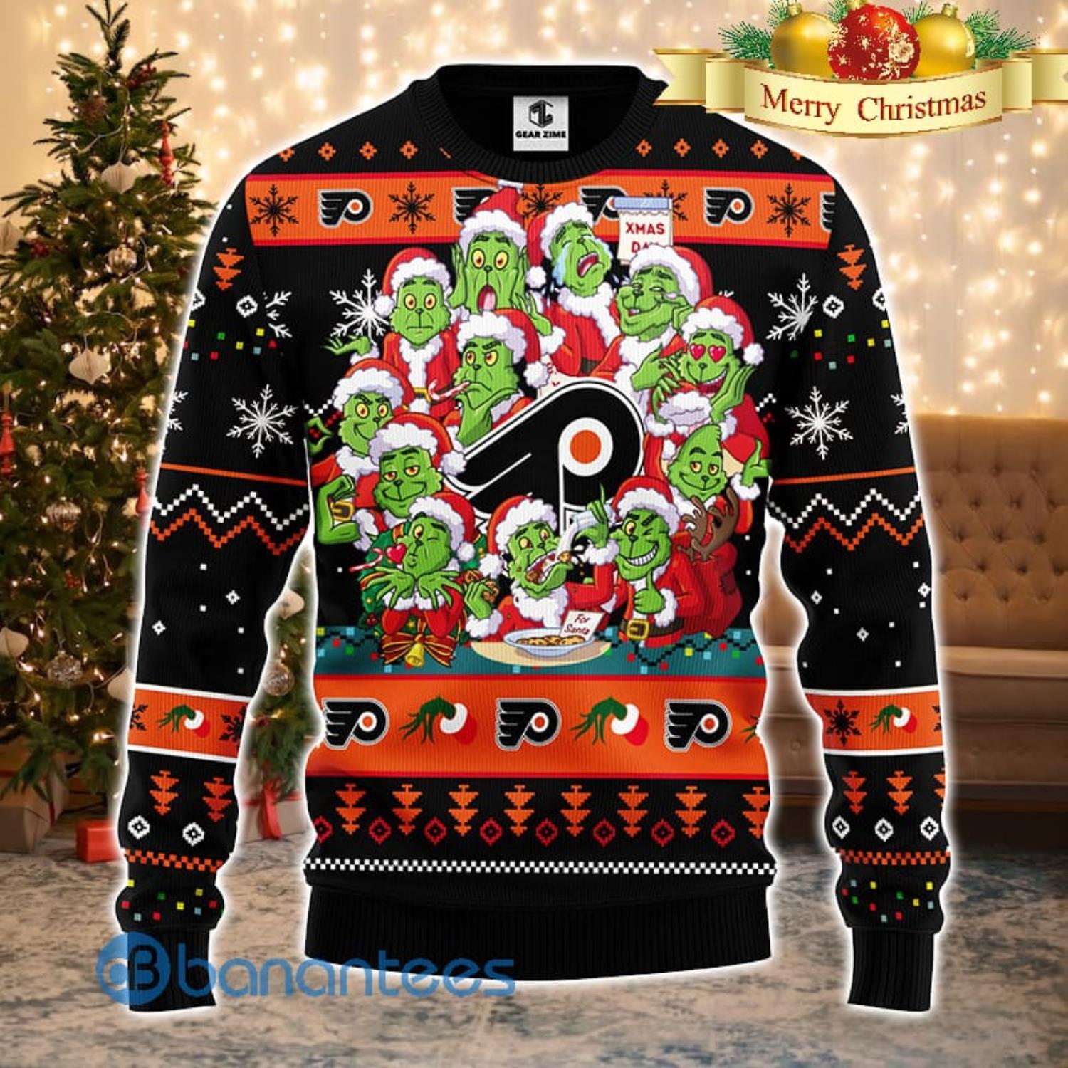 Men And Women Christmas Gift NHL Philadelphia Flyers Cute 12 Grinch Face Xmas Day 3D Ugly Christmas Sweater Product Photo 2