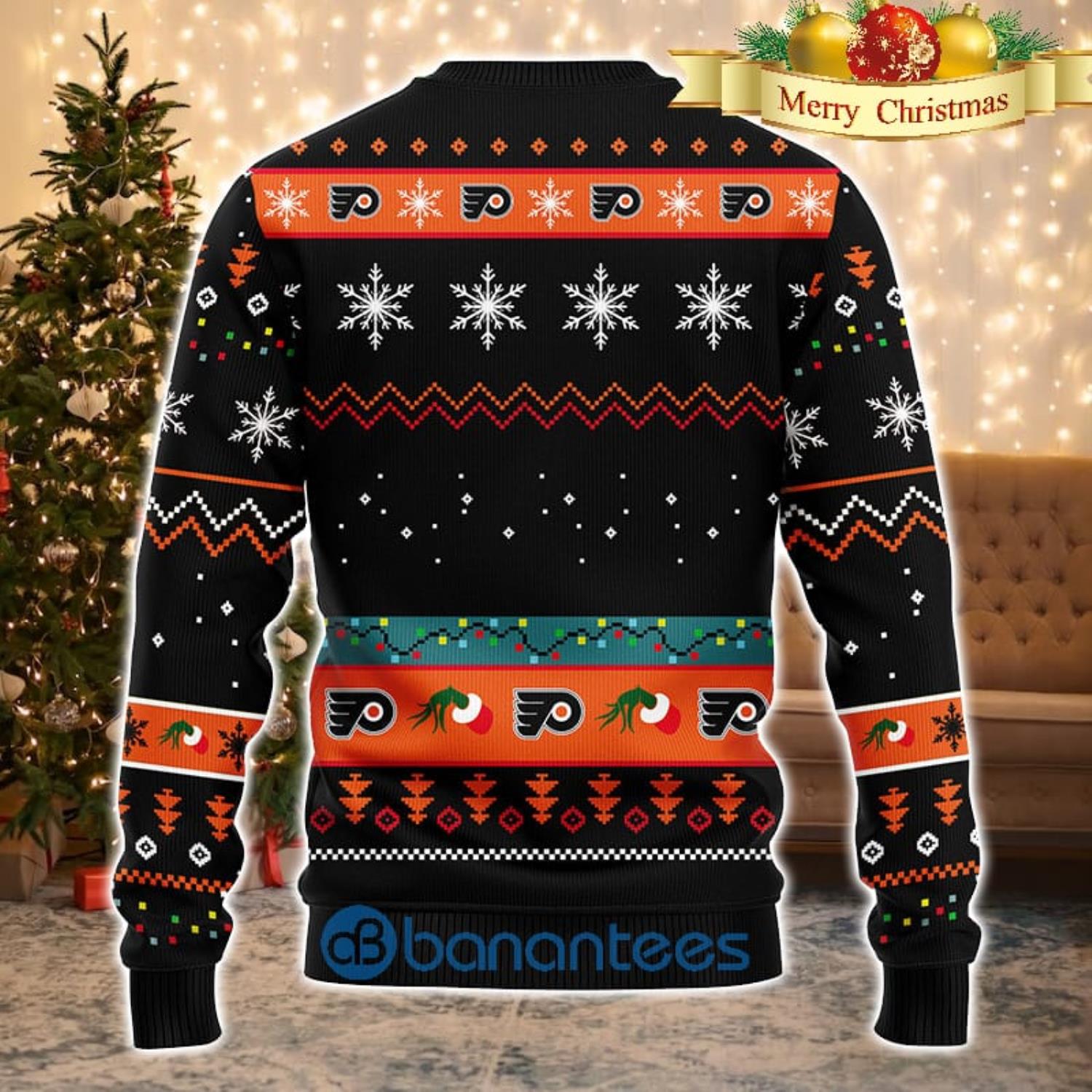 Men And Women Christmas Gift NHL Philadelphia Flyers Cute 12 Grinch Face Xmas Day 3D Ugly Christmas Sweater Product Photo 1