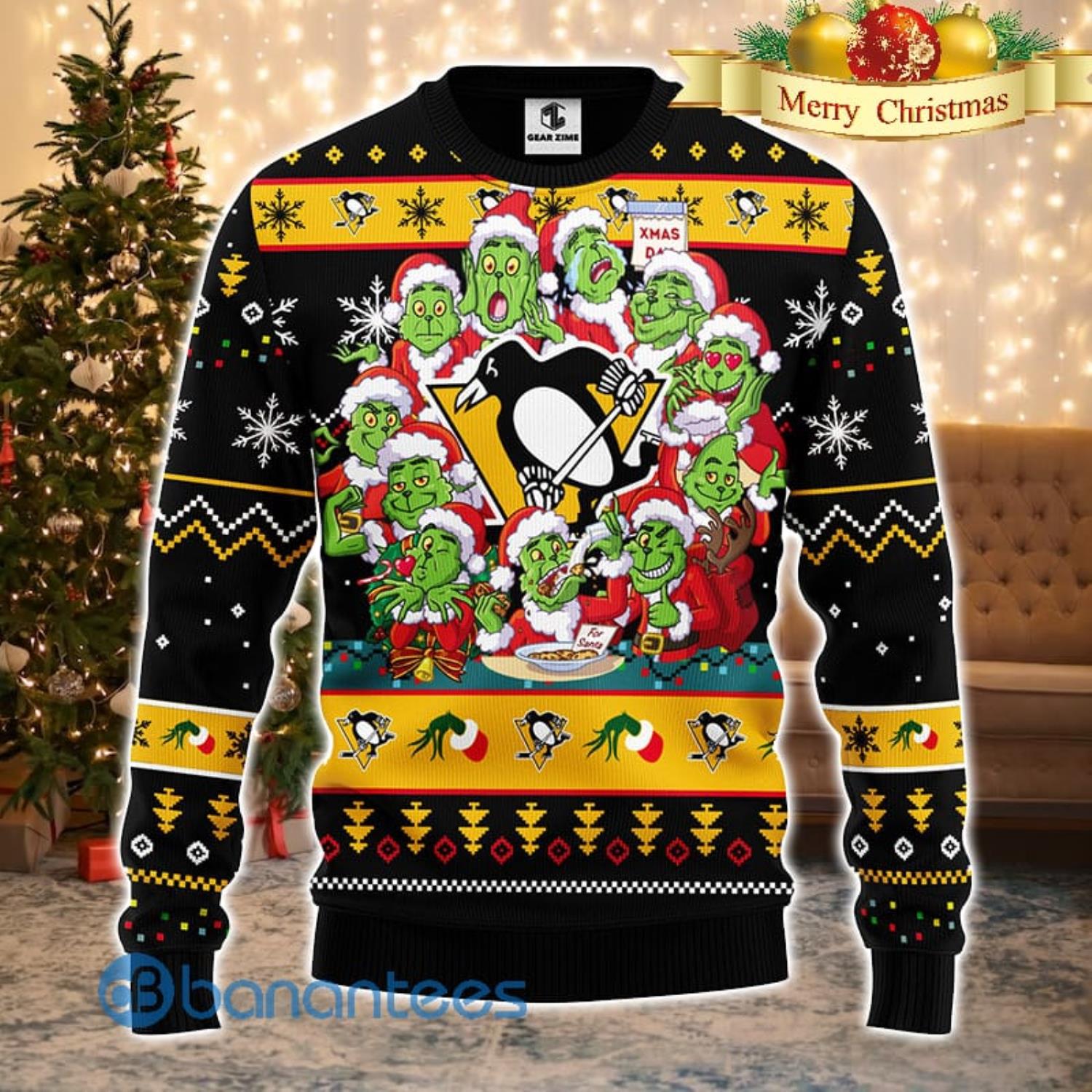 Men And Women Christmas Gift NHL Pittsburgh Penguins Cute 12 Grinch Face Xmas Day 3D Ugly Christmas Sweater Product Photo 2