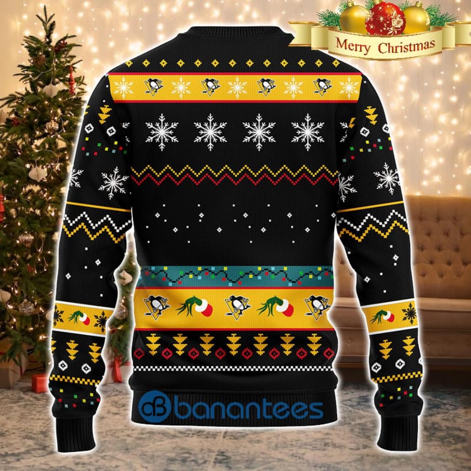 Men And Women Christmas Gift NHL Pittsburgh Penguins Cute 12 Grinch Face Xmas Day 3D Ugly Christmas Sweater Product Photo 1
