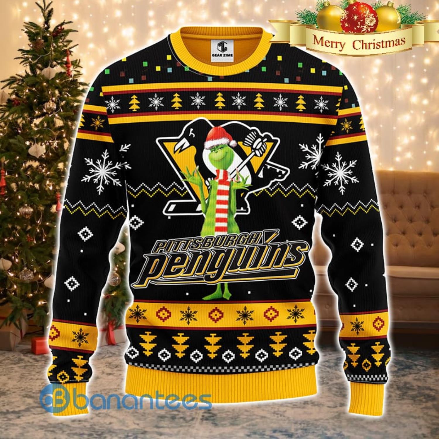 Men And Women Christmas Gift NHL Pittsburgh Penguins Logo With Funny Grinch 3D Ugly Christmas Sweater For Fans Product Photo 1