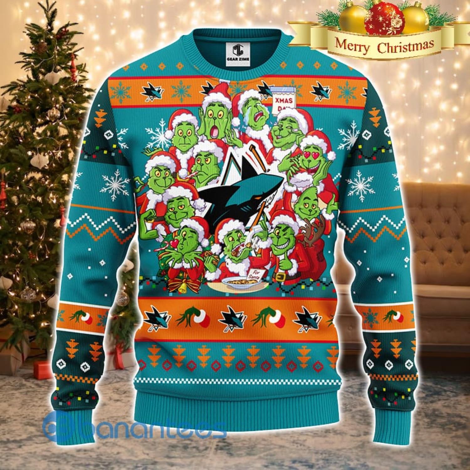 Men And Women Christmas Gift NHL San Jose Sharks Cute 12 Grinch Face Xmas Day 3D Ugly Christmas Sweater Product Photo 2