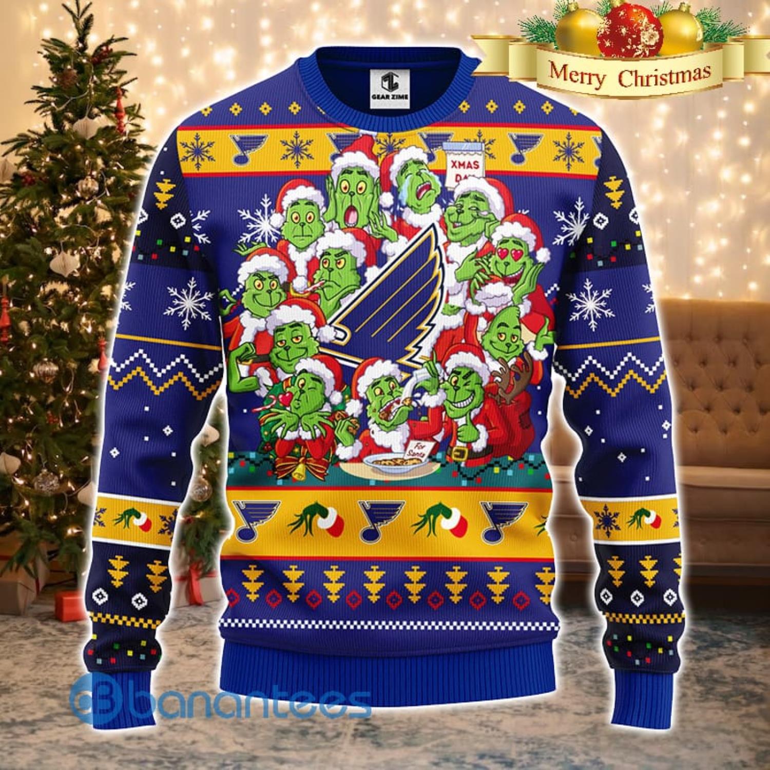 Men And Women Christmas Gift NHL St. Louis Blues Cute 12 Grinch Face Xmas Day 3D Ugly Christmas Sweater Product Photo 2