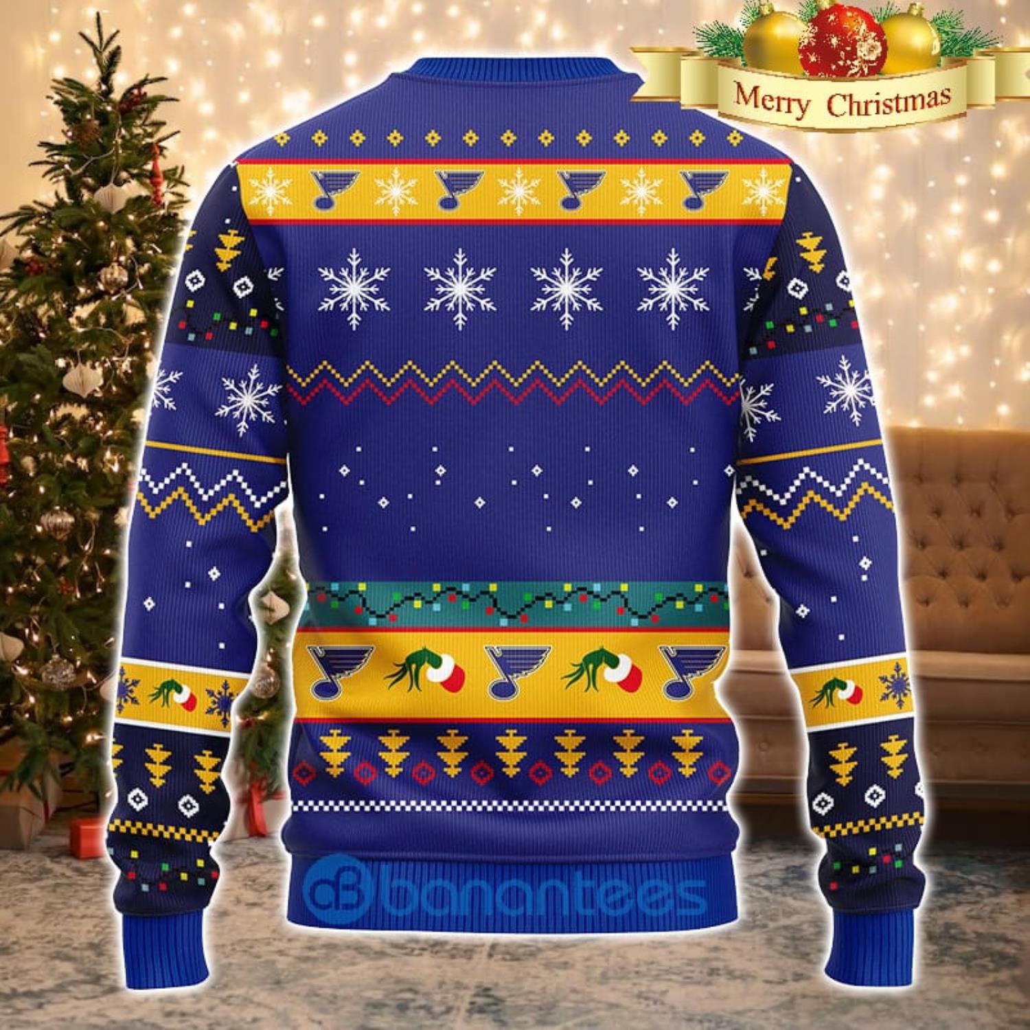 Men And Women Christmas Gift NHL St. Louis Blues Cute 12 Grinch Face Xmas Day 3D Ugly Christmas Sweater Product Photo 1