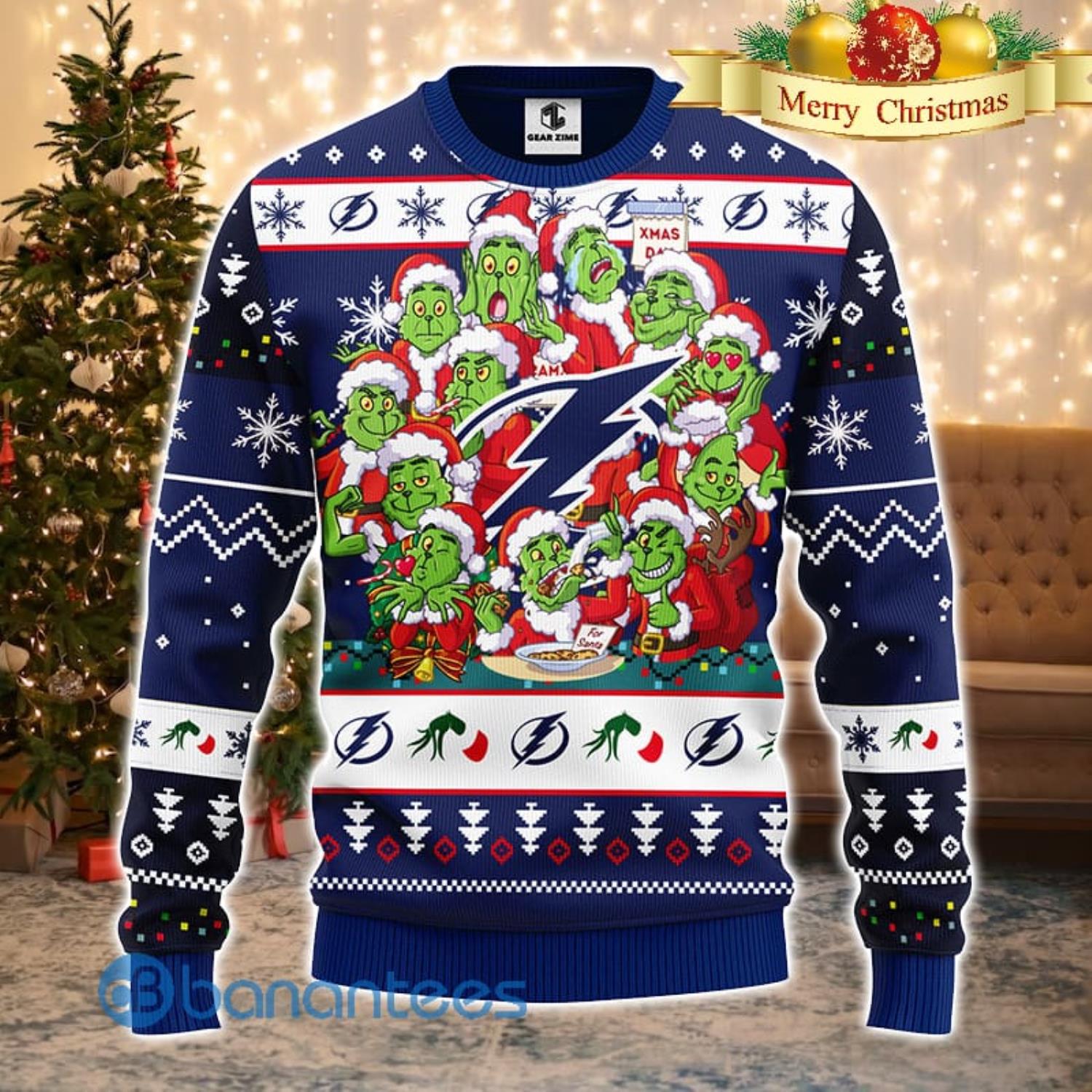 Men And Women Christmas Gift NHL Tampa Bay Lightning Cute 12 Grinch Face Xmas Day 3D Ugly Christmas Sweater Product Photo 2