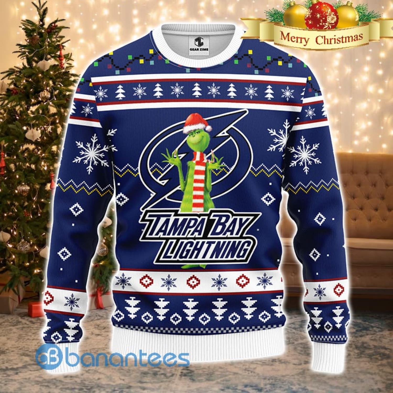 Men And Women Christmas Gift NHL Tampa Bay Lightning Logo With Funny Grinch 3D Ugly Christmas Sweater For Fans Product Photo 1