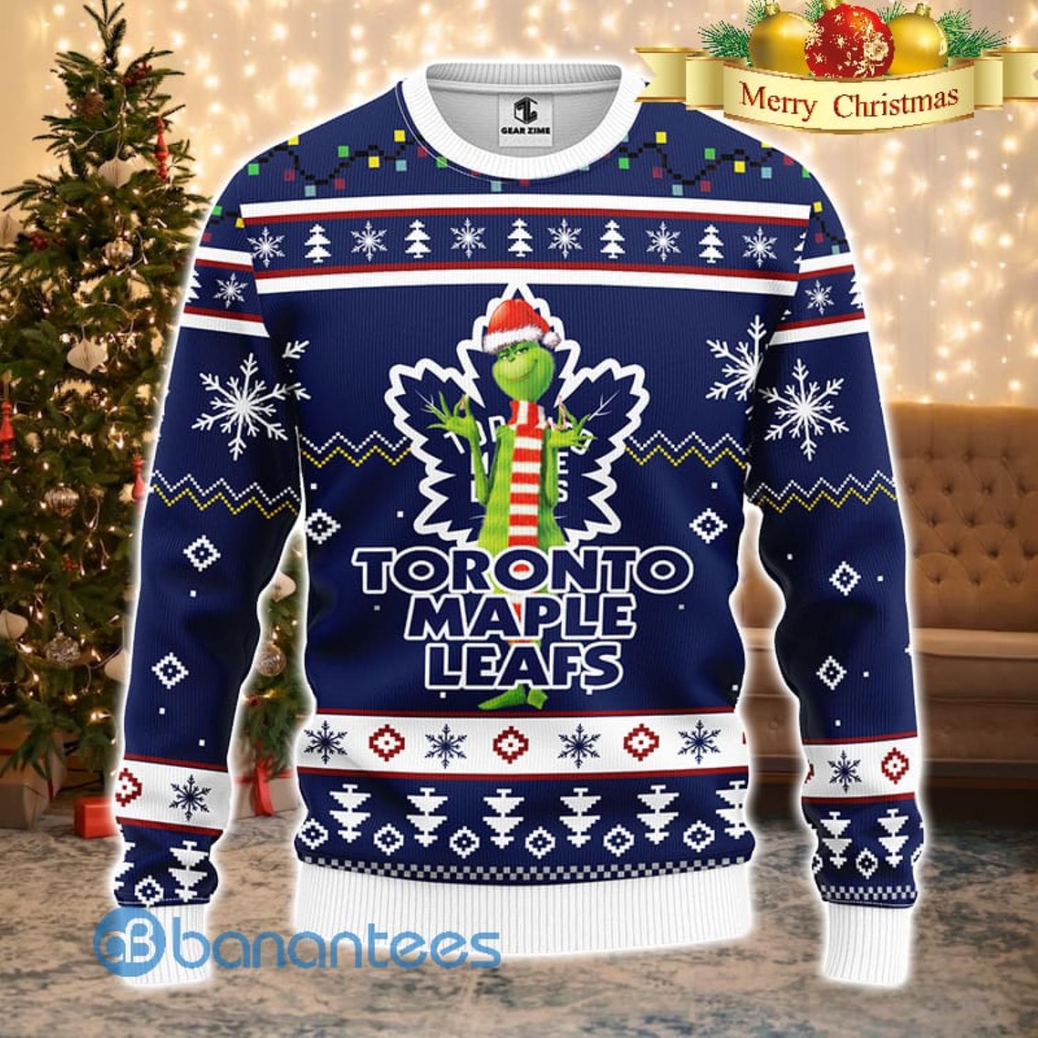 Men And Women Christmas Gift NHL Toronto Maple Leafs Logo With Funny Grinch 3D Ugly Christmas Sweater For Fans Product Photo 1
