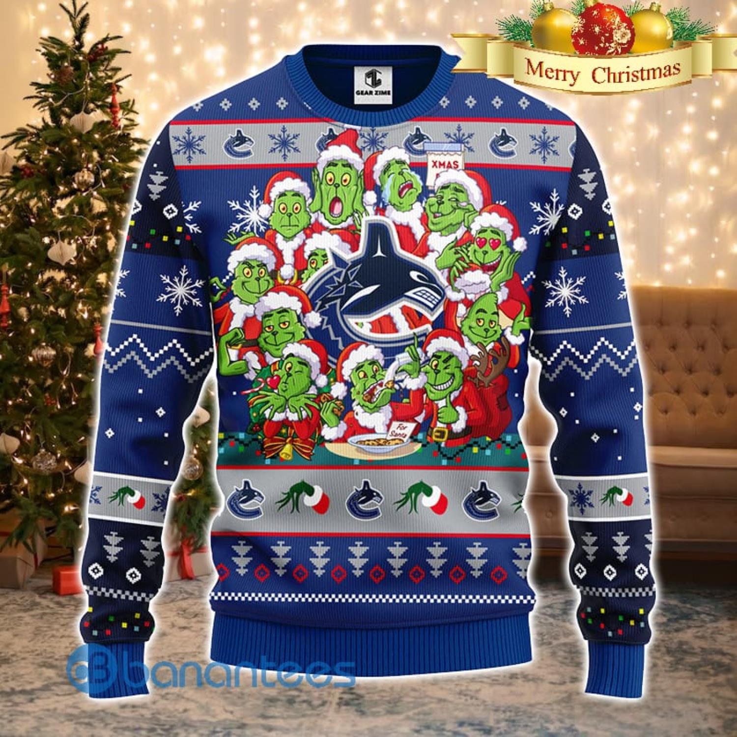 Men And Women Christmas Gift NHL Vancouver Canucks Cute 12 Grinch Face Xmas Day 3D Ugly Christmas Sweater Product Photo 2