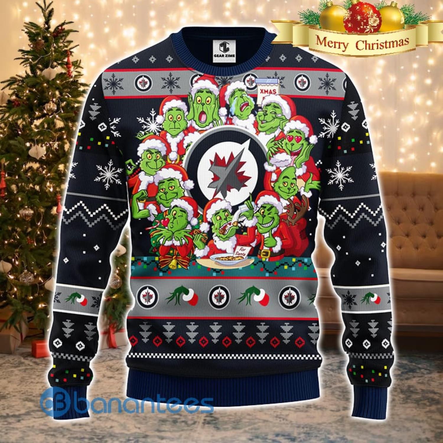 Men And Women Christmas Gift NHL Winnipeg Jets Cute 12 Grinch Face Xmas Day 3D Ugly Christmas Sweater Product Photo 2