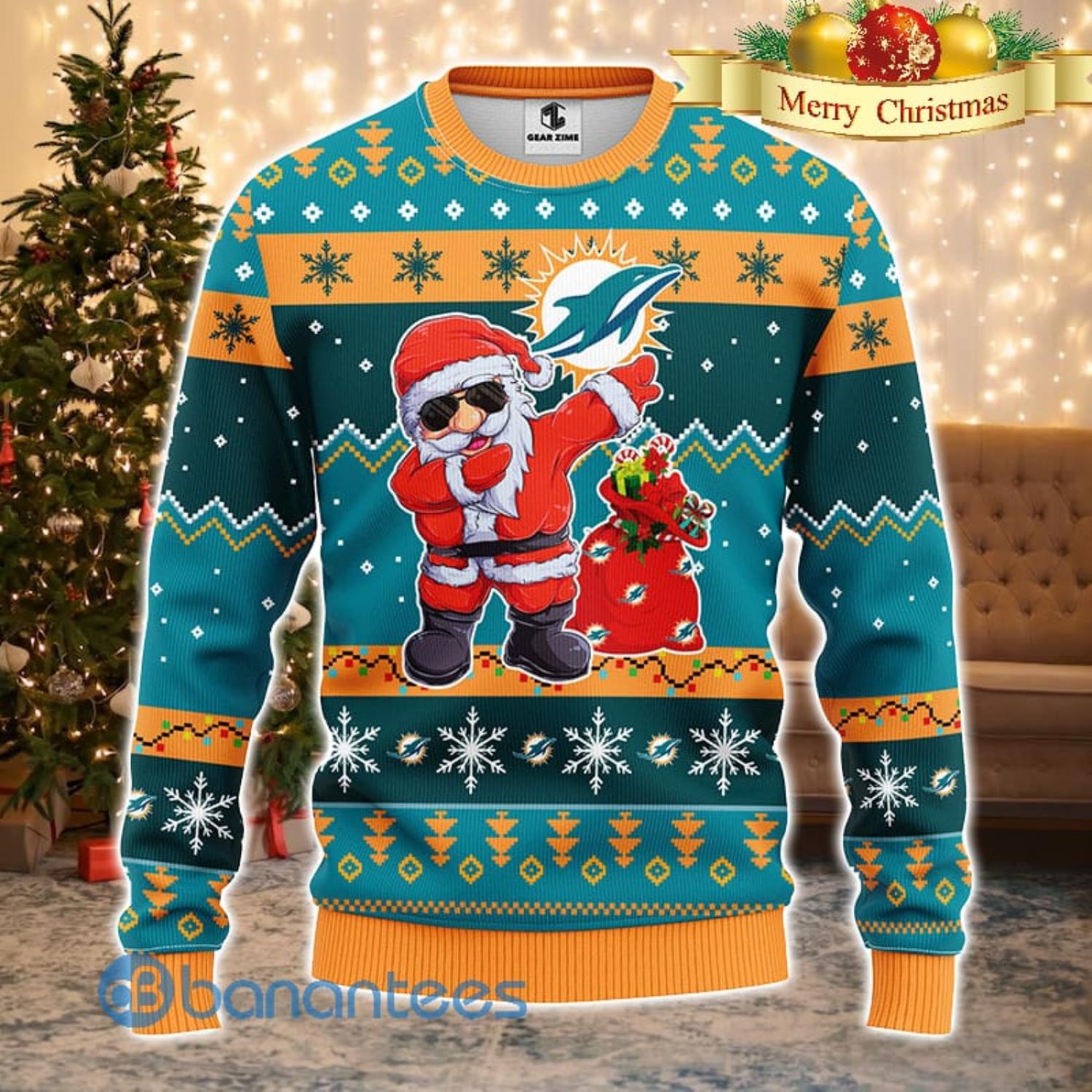 Miami Dolphins NFL Team Dabbing Santa Claus Funny Men And Women Christmas Gift 3D Ugly Christmas Sweater Product Photo 1