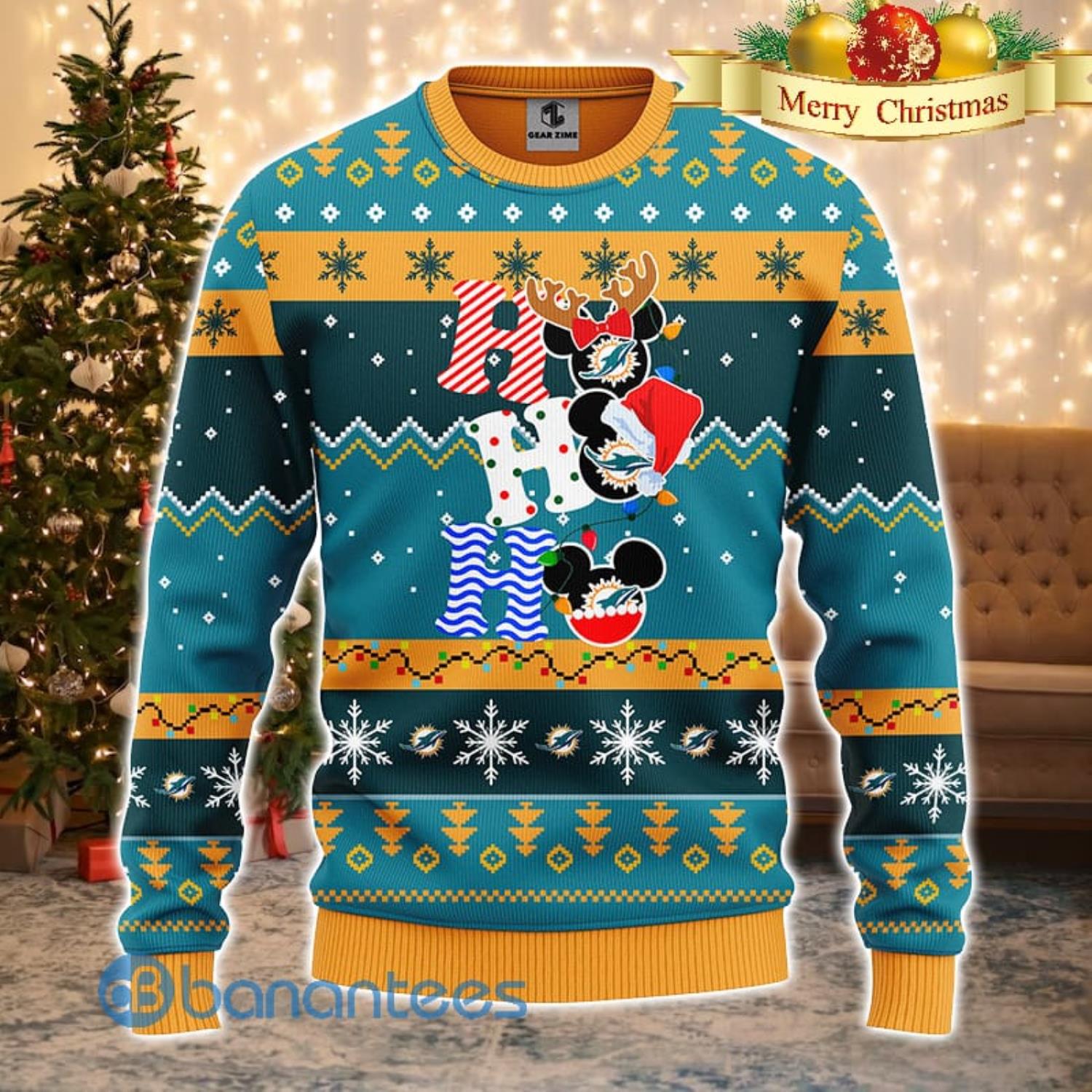 Miami Dolphins NFL Team HoHoHo Mickey Funny Men And Women Christmas Gift 3D Ugly Christmas Sweater Product Photo 1
