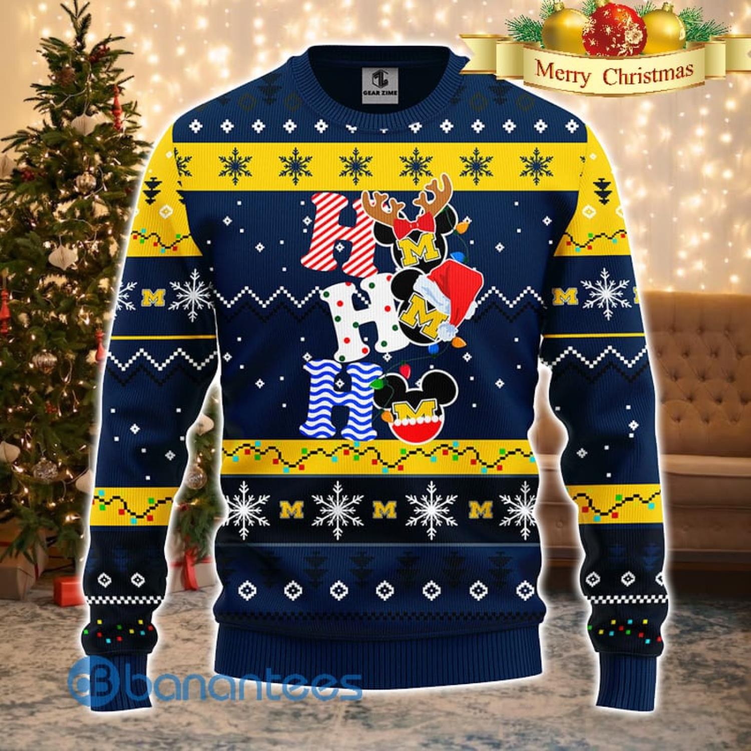 Michigan Wolverines NCAA Team HoHoHo Mickey Funny Men And Women Christmas Gift 3D Ugly Christmas Sweater Product Photo 1