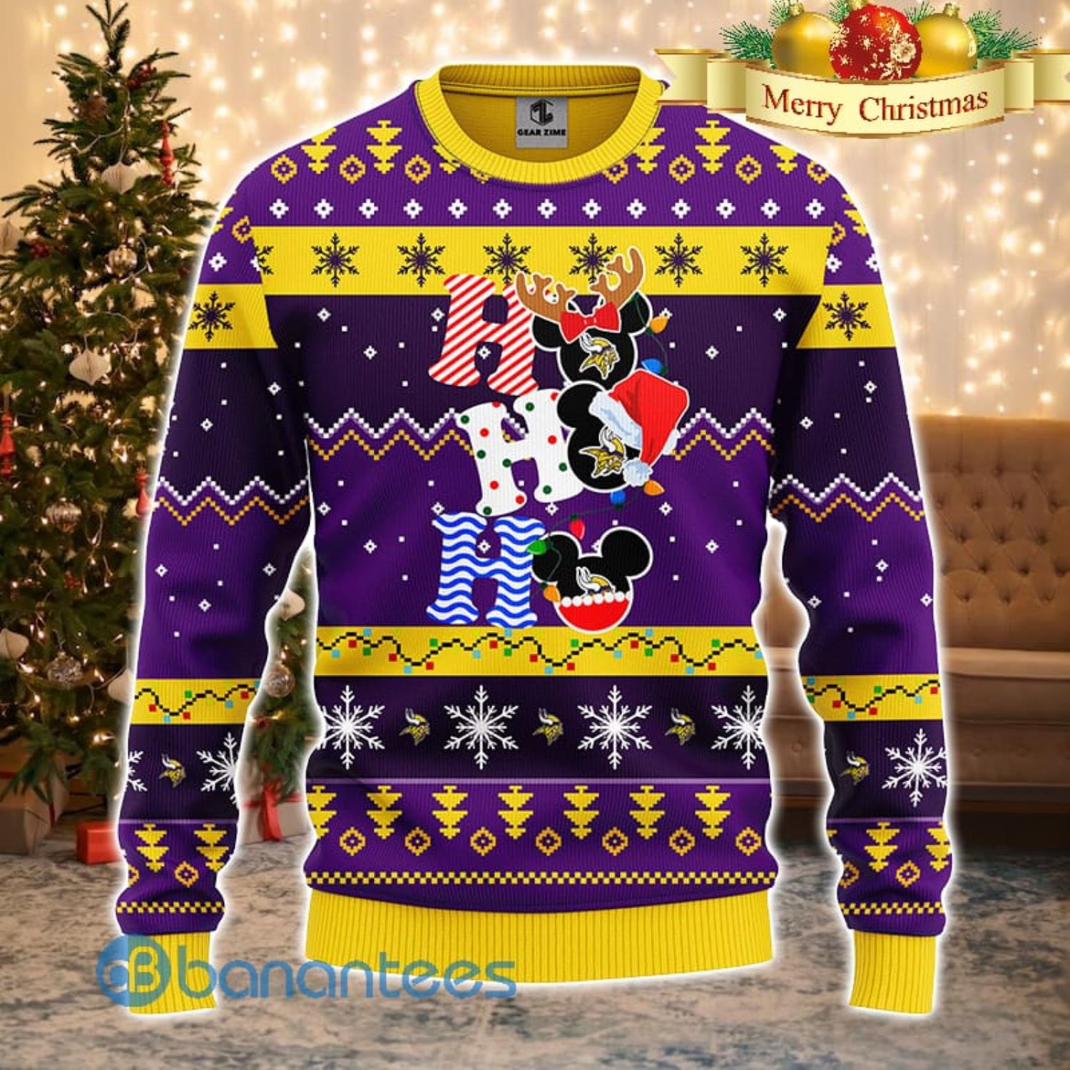 Minnesota Vikings NFL Team HoHoHo Mickey Funny Men And Women Christmas Gift 3D Ugly Christmas Sweater Product Photo 1