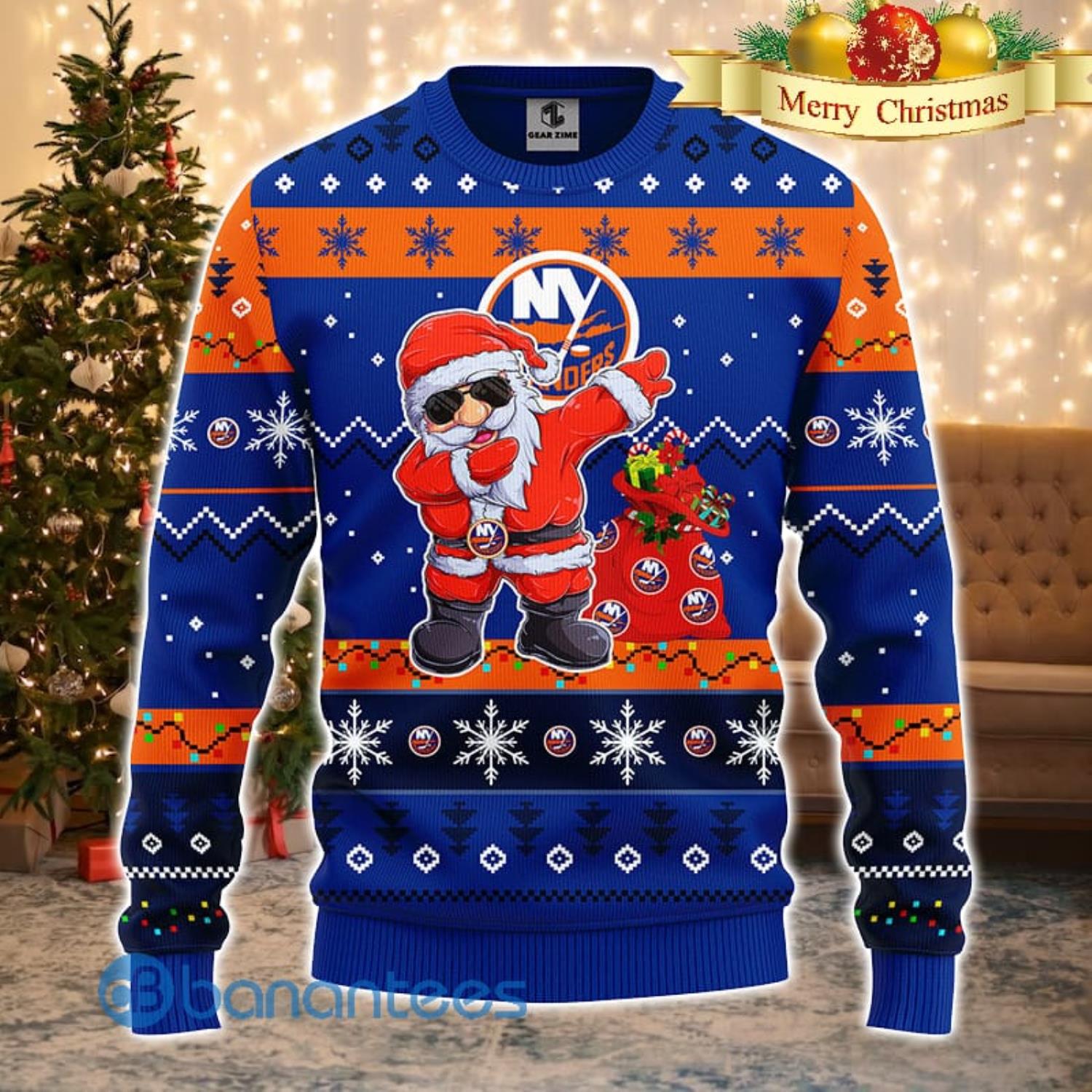 New York Islanders NHL Team Dabbing Santa Claus Funny Men And Women Christmas Gift 3D Ugly Christmas Sweater Product Photo 2