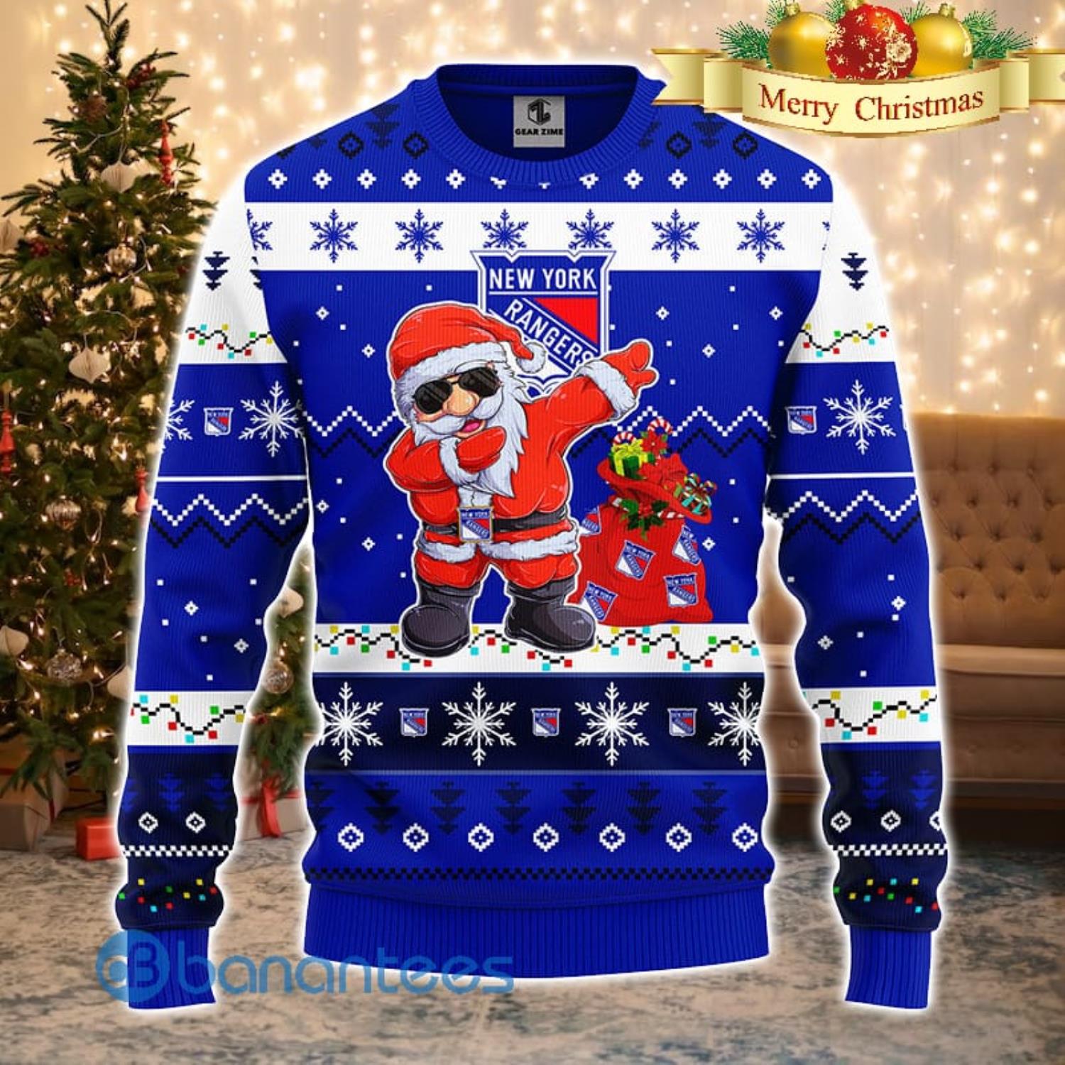 New York Rangers NHL Team Dabbing Santa Claus Funny Men And Women Christmas Gift 3D Ugly Christmas Sweater Product Photo 2