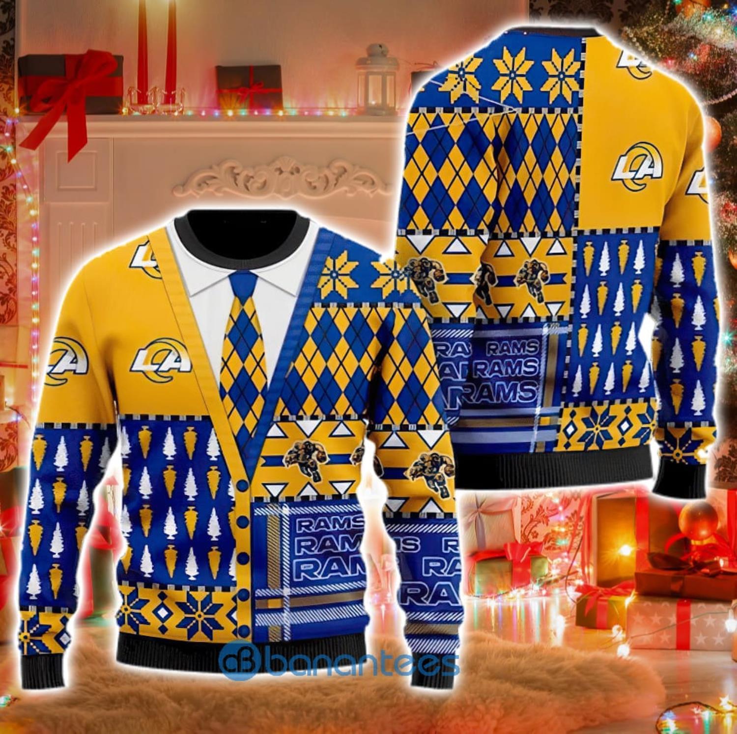 NFL Los Angeles Rams Custom Name Text Santa Down The Chimney Christmas Gift  All Over Print Ugly Christmas Sweater - Freedomdesign