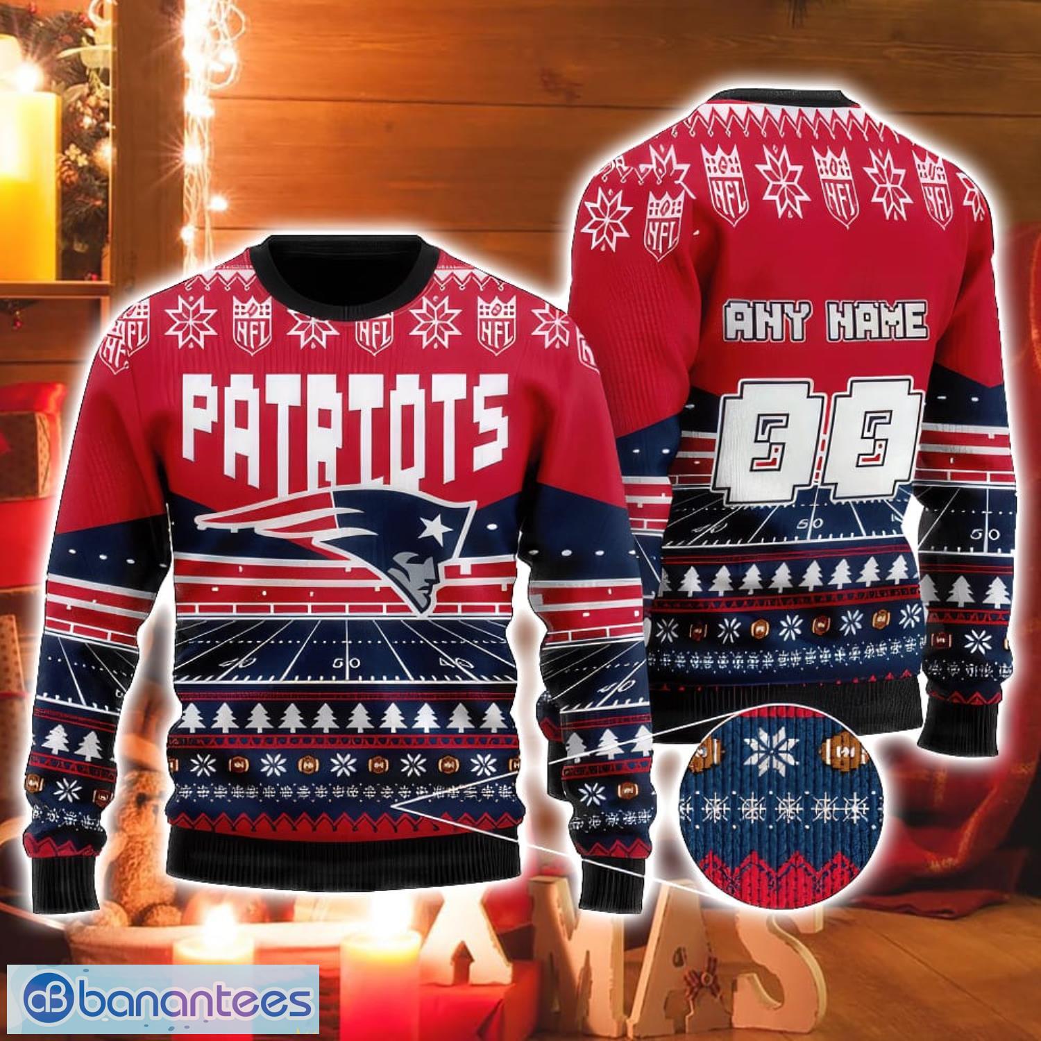 NFL New England Patriots Custom Name And Number Christmas Gift For Fans  Ugly Christmas Sweater - Banantees