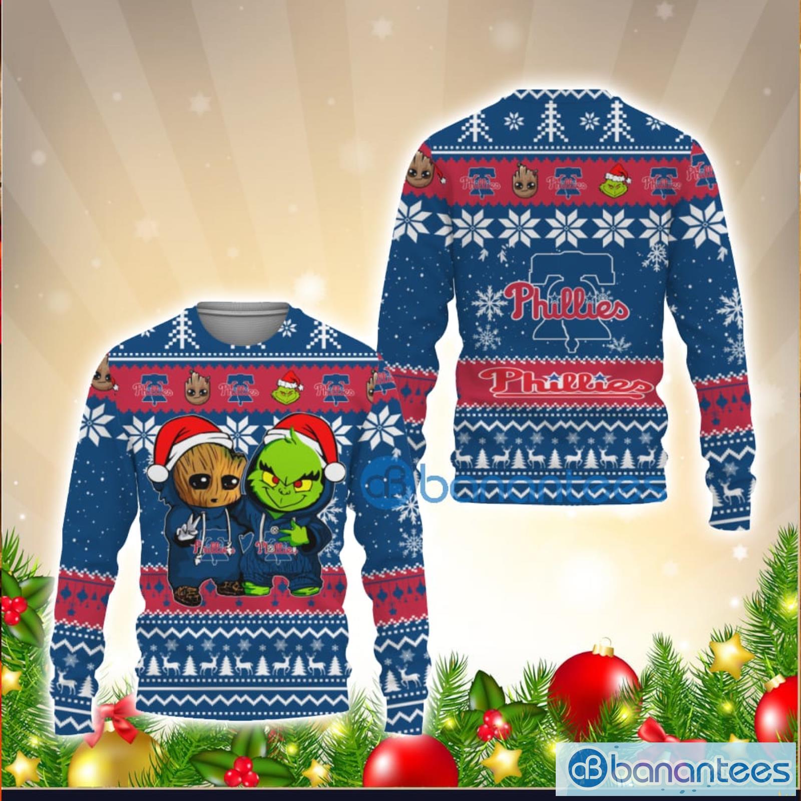 Philadelphia Phillies Baby Groot And Grinch Ugly Christmas 3D Hoodie - T- shirts Low Price