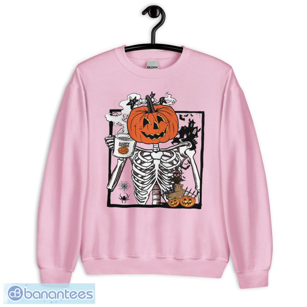 Pumpkin Skeleton Drinking Coffee Funny Halloween T-Shirt - Unisex Heavy Blend Crewneck Sweatshirt-1