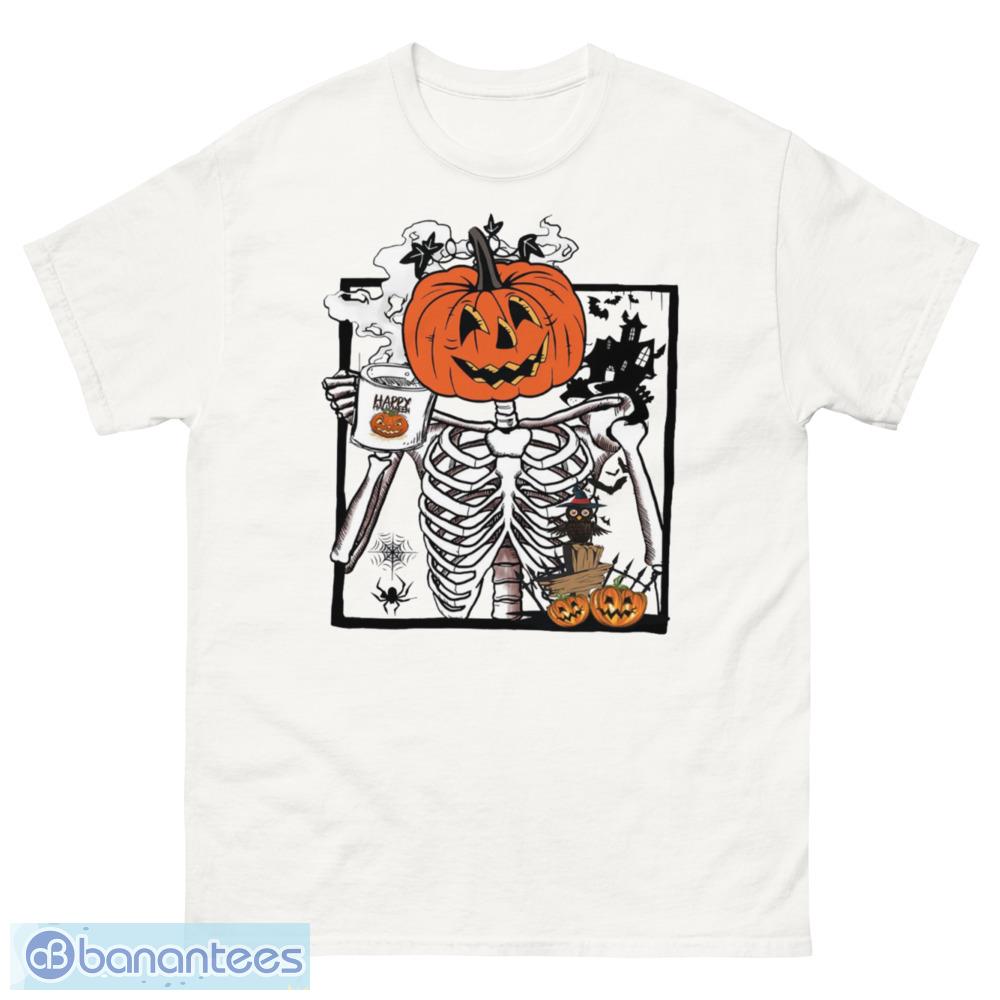 Pumpkin Skeleton Drinking Coffee Funny Halloween T-Shirt - 500 Men’s Classic Tee Gildan