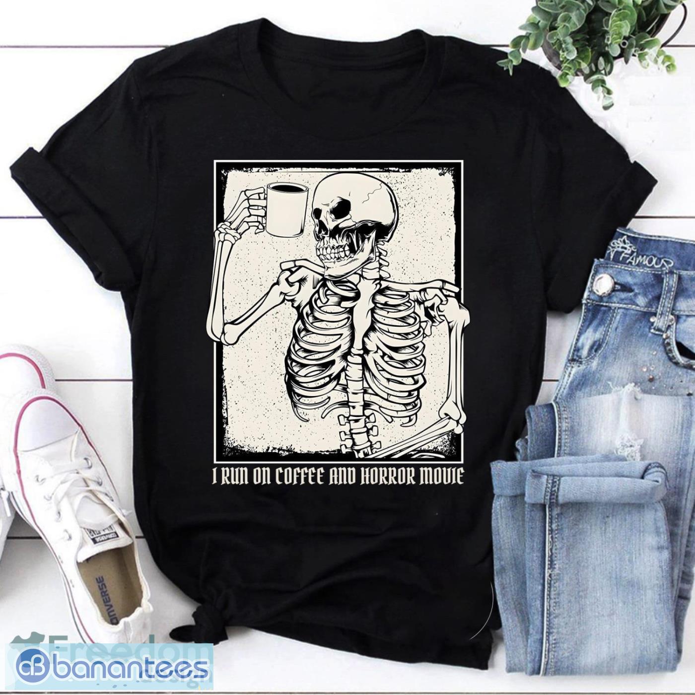 Run On Coffee And Horror Movies I Coffee Drinking Skeleton Vintage T-Shirt Horror Coffee Shirt Drinking Skeleton Shirt Product Photo 1