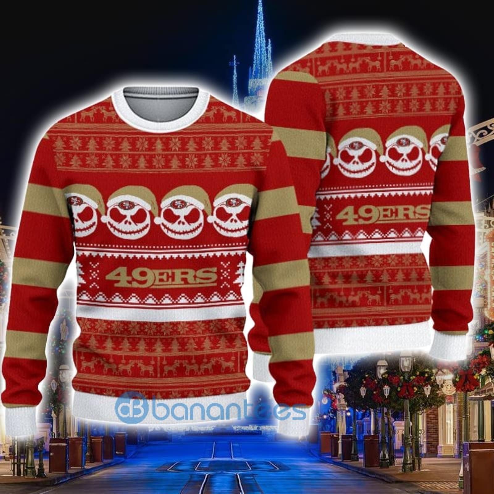 San Francisco 49ers Christmas Jack Skellington Face Pattern Ugly Christmas  Sweater - Banantees