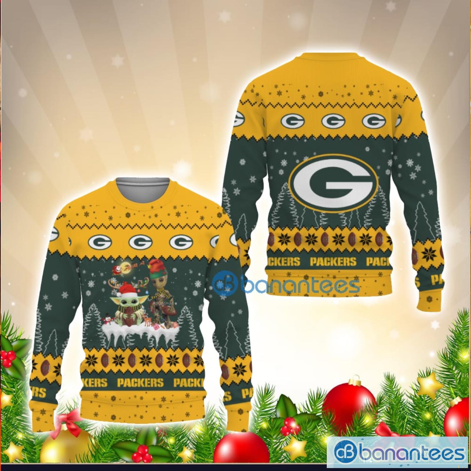 Baby Yoda Green Bay Packers Full Print Ugly Christmas Sweater - Banantees