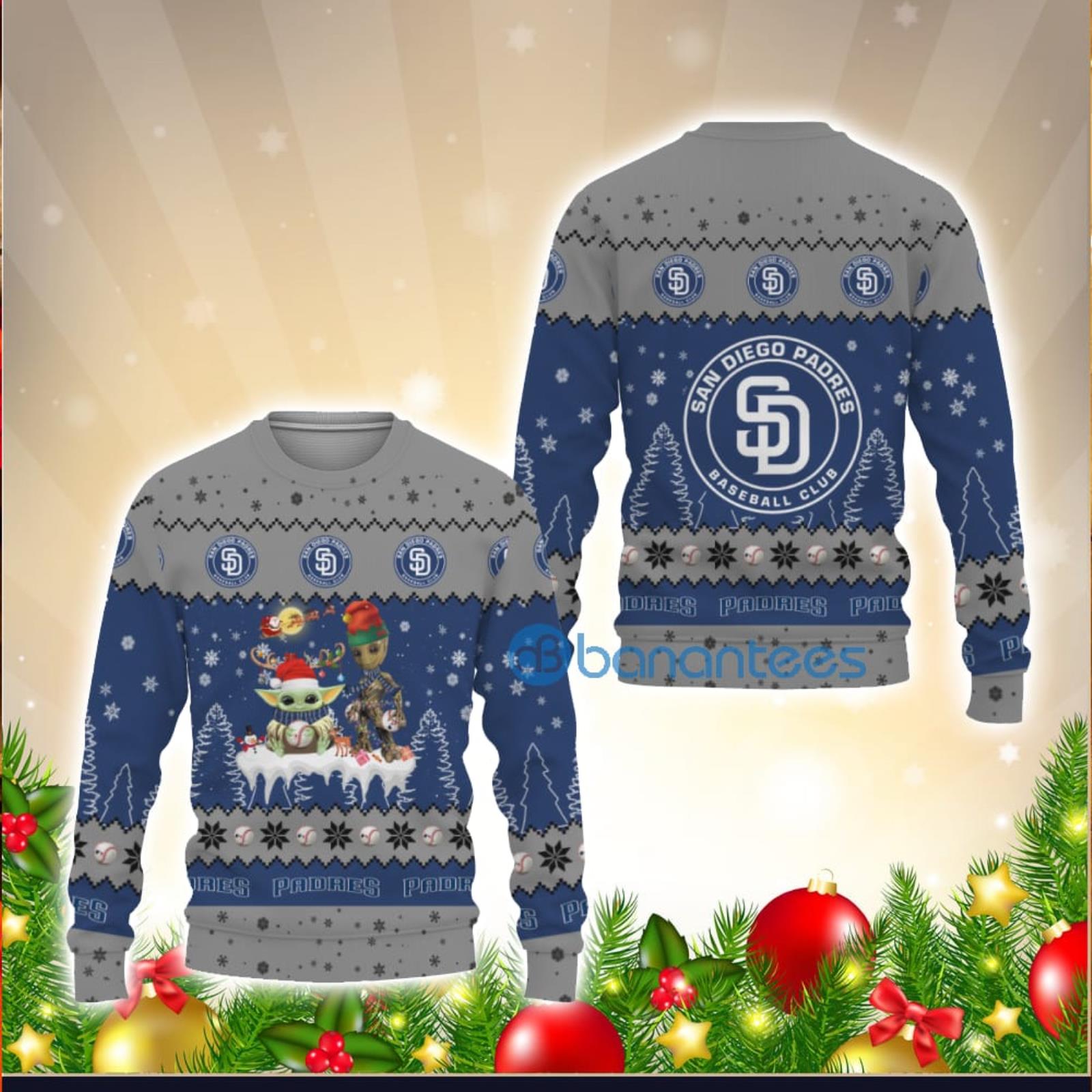 Tis The Season Christmas Baby Yoda Groot San Diego Padres Cute Christmas Gift 3D Ugly Christmas Sweater Product Photo 1