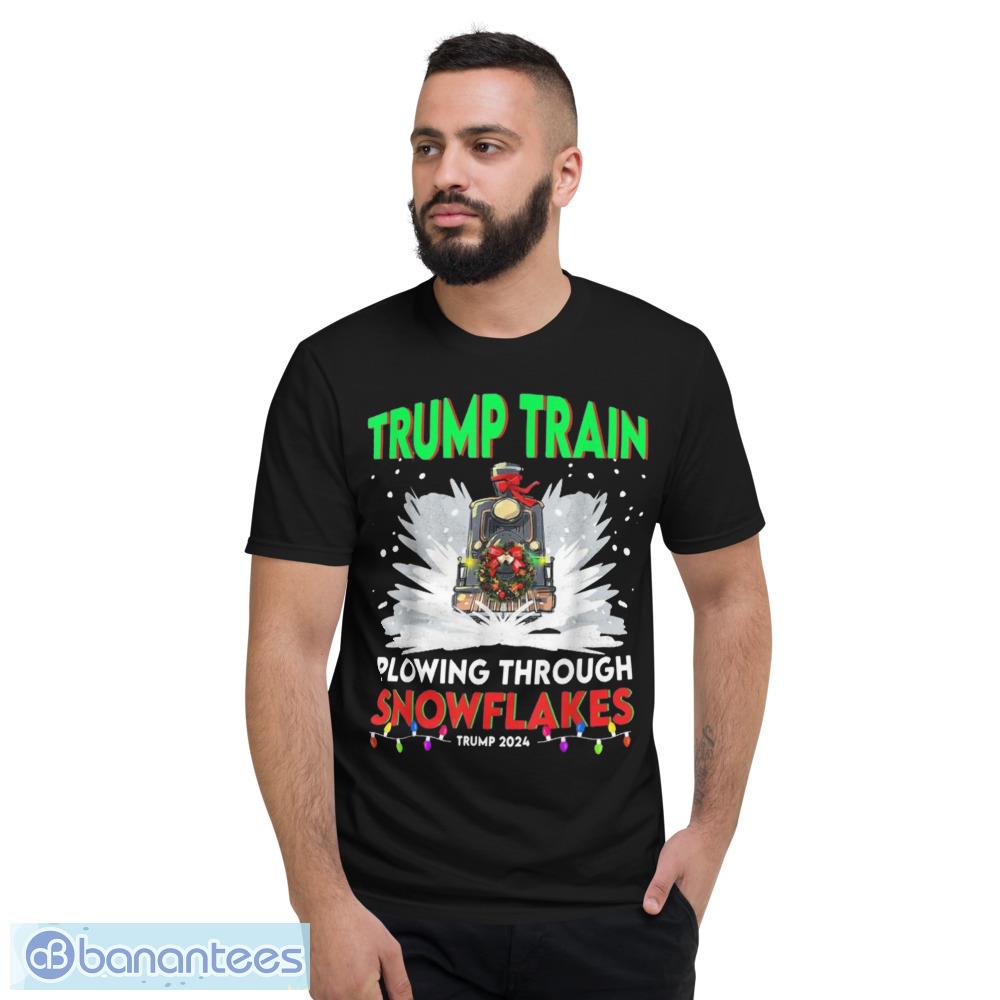 Trump Train Plowing Through Snowflakes Trump 2024 Christmas T-Shirt - Short Sleeve T-Shirt