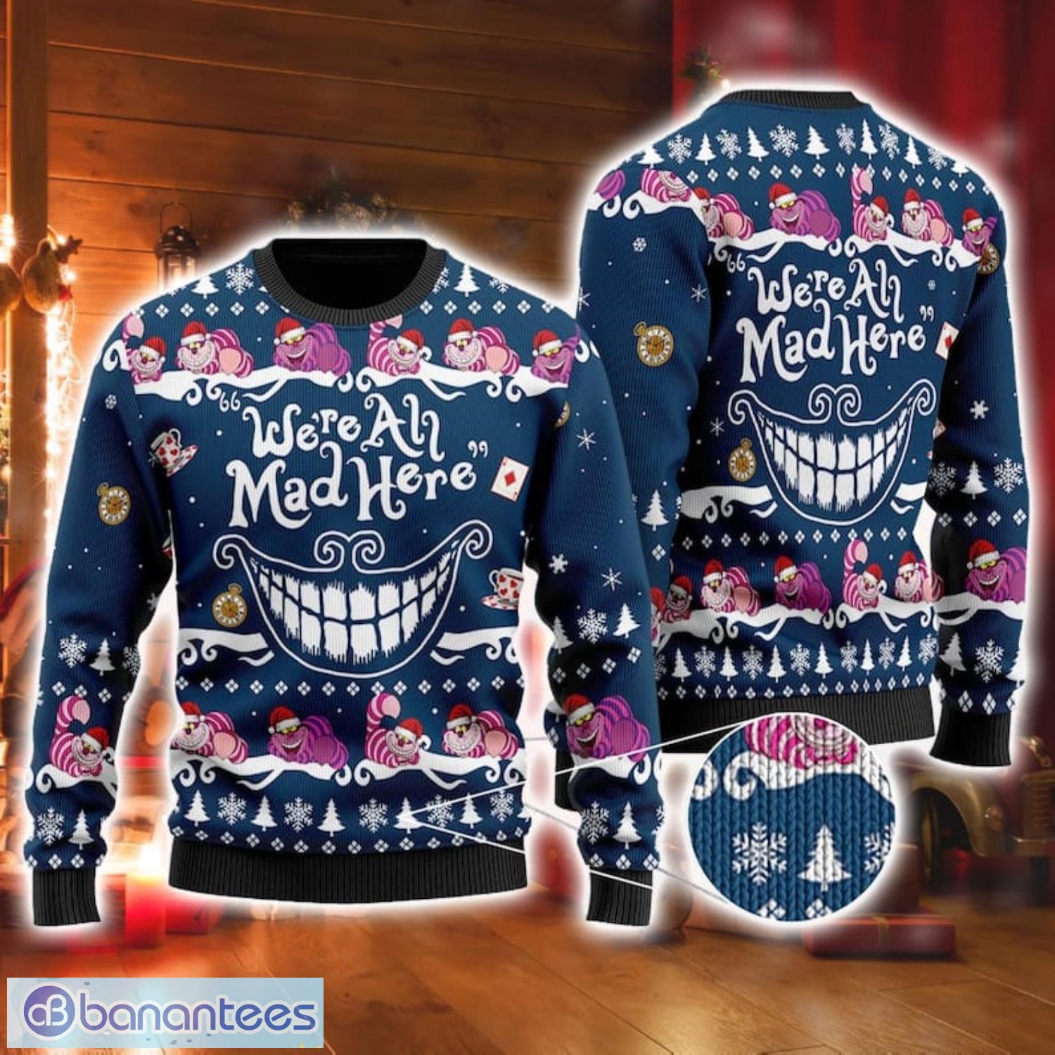 We Are Mad Here Cheshire Cat Christmas Merry Christmas Alice in Wonderland Ugly Christmas Sweater Xmas Gifts Product Photo 1