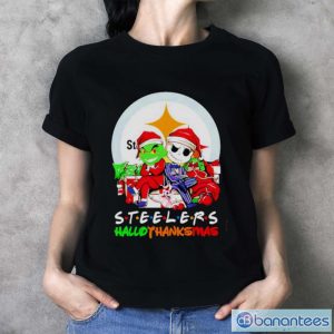 Official Grinch And Jack Skellington Pittsburgh Steelers Hallothankmas Shirt - Ladies T-Shirt