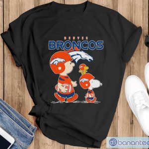 Awesome Denver Broncos Let’s Play Football Together Snoopy Charlie Brown And Woodstock Shirt - Black T-Shirt