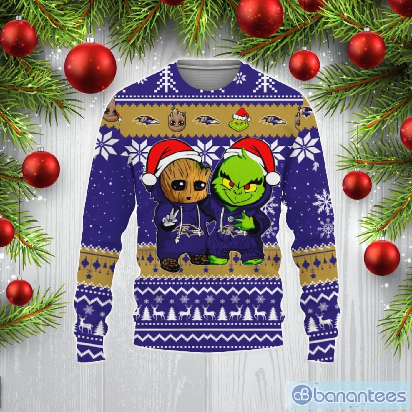 Baltimore Ravens Baby Groot And Grinch Best Friends Football Ugly Christmas  Sweater - Banantees