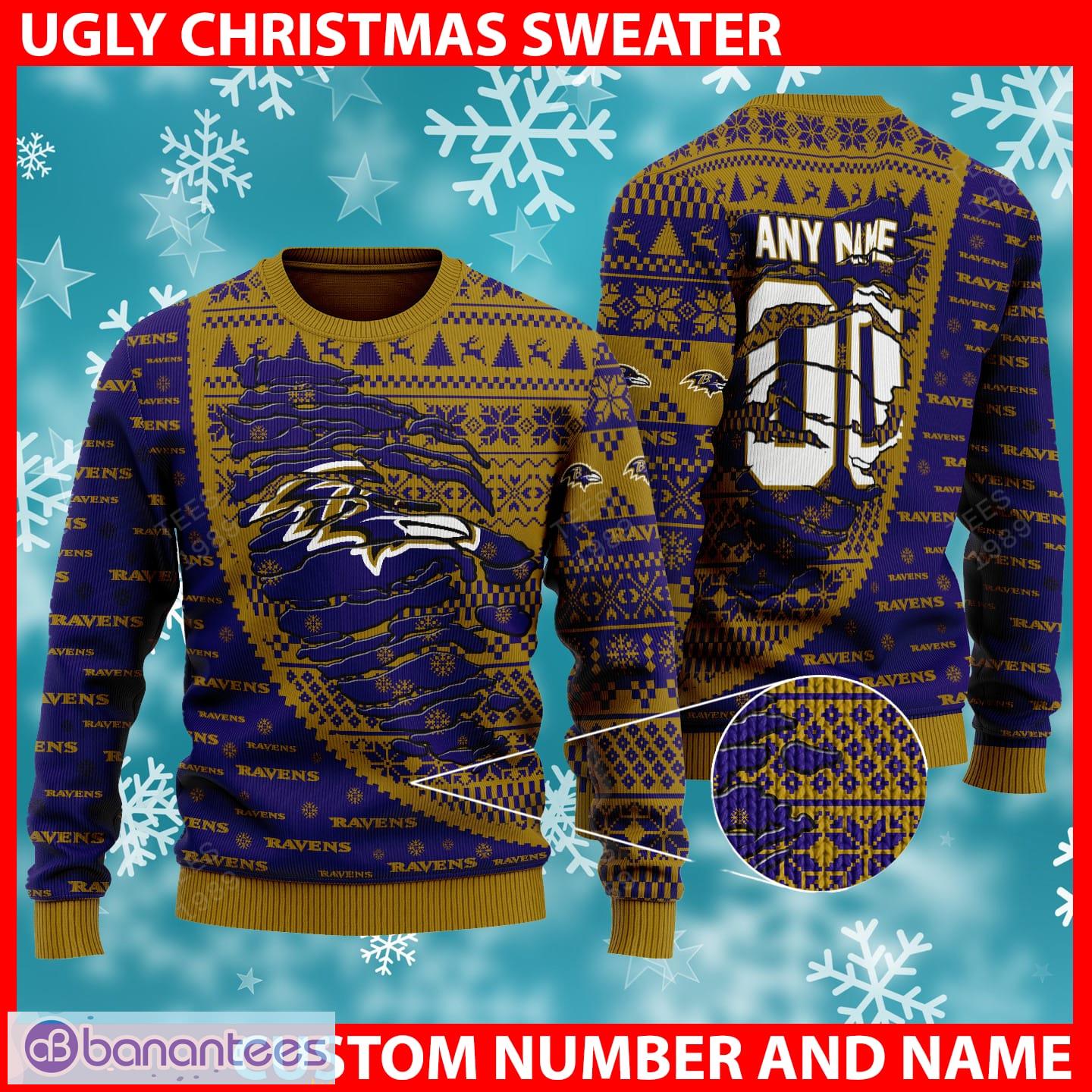 Baltimore Ravens NFL Christmas Snow Reindeer Ugly Xmas Sweater Custom Number And Name - Baltimore Ravens NFL Christmas Knitted Sweater Photo 1