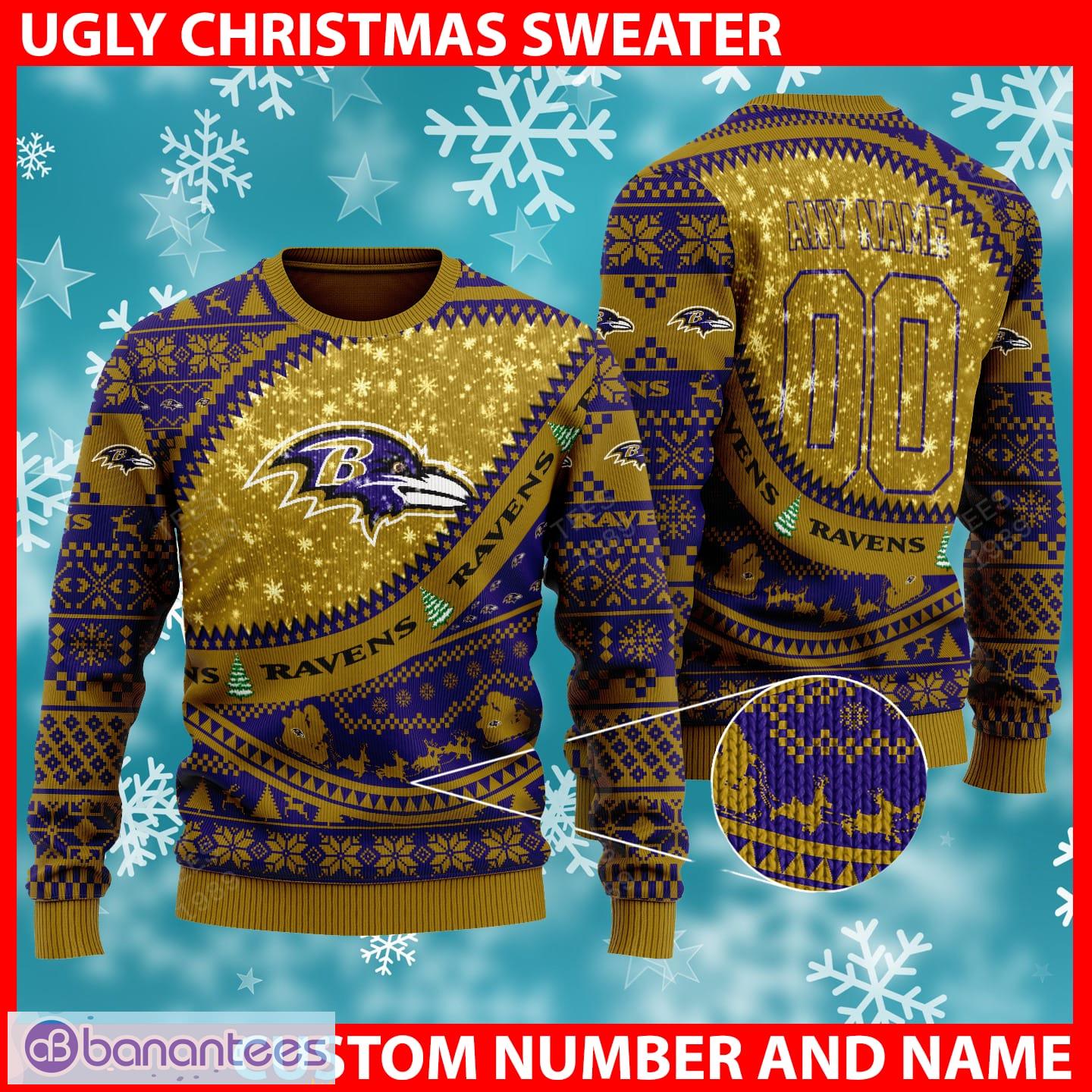 Baltimore Ravens NFL Ugly Snow Reindeer Ugly Xmas Sweater Custom Number And Name - Baltimore Ravens NFL Ugly Knitted Sweater Photo 1