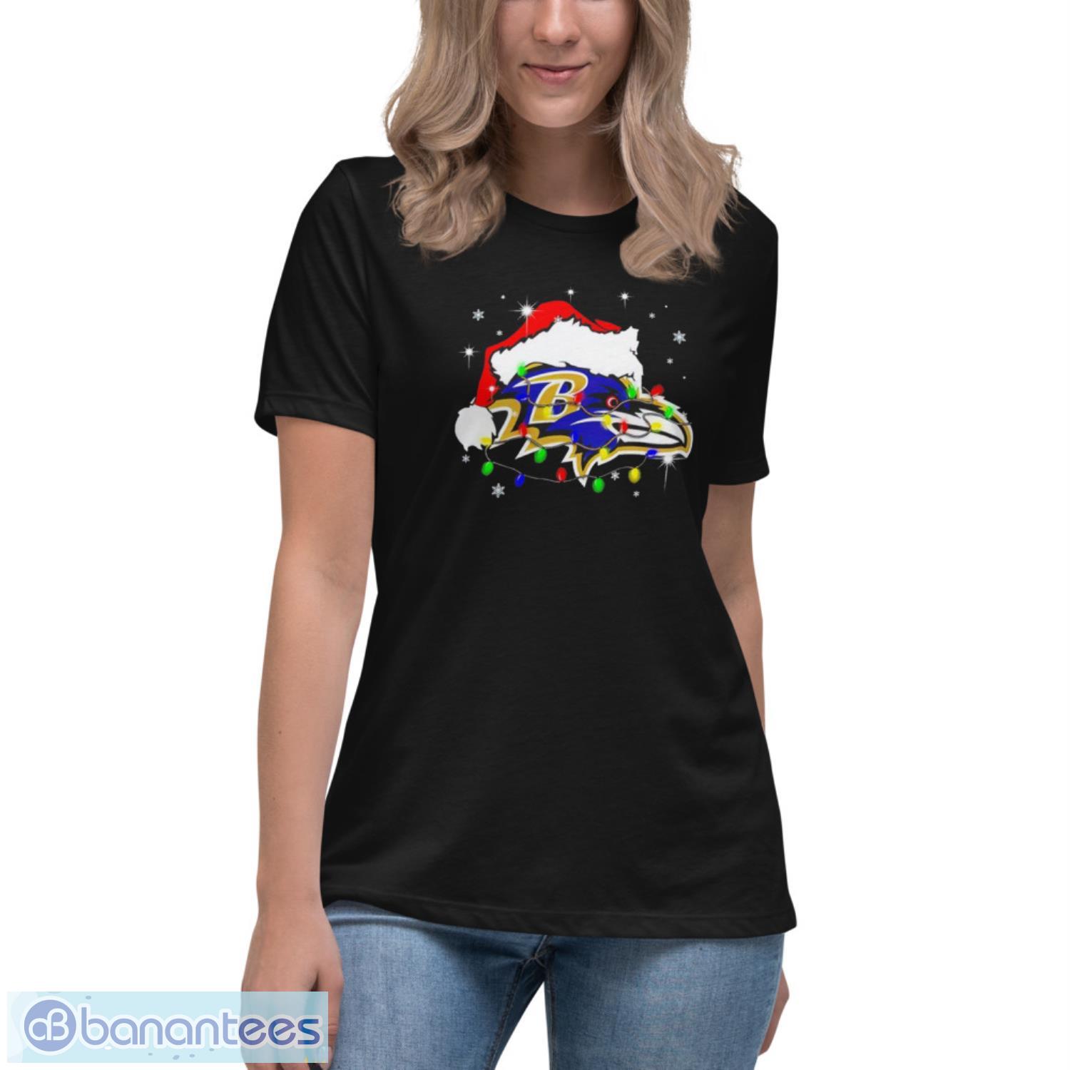 baltimore-ravens-santa-hat-christmas-shirt-4.jpeg Baltimore Ravens Santa Hat Christmas Shirt - Women's Relaxed Short Sleeve Jersey Tee