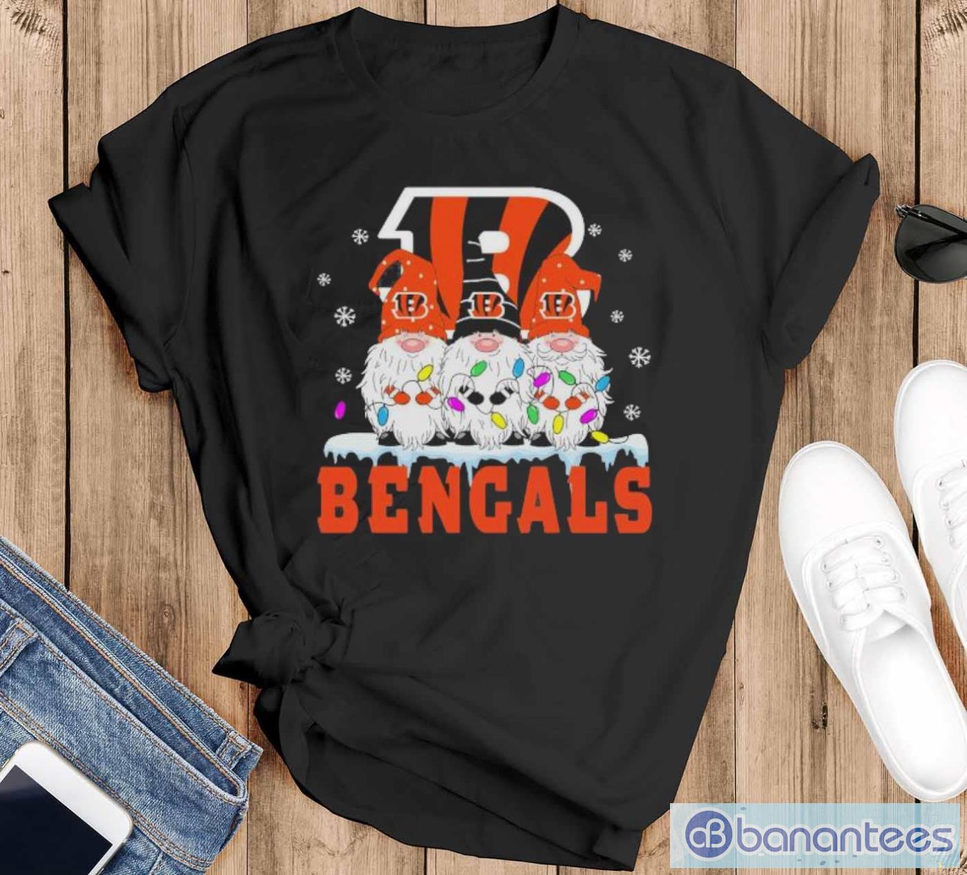 cincinnati bengals football gnomes christmas 2023 shirt image Cincinnati Bengals Football Gnomes Christmas 2023 Shirt - Black T-Shirt