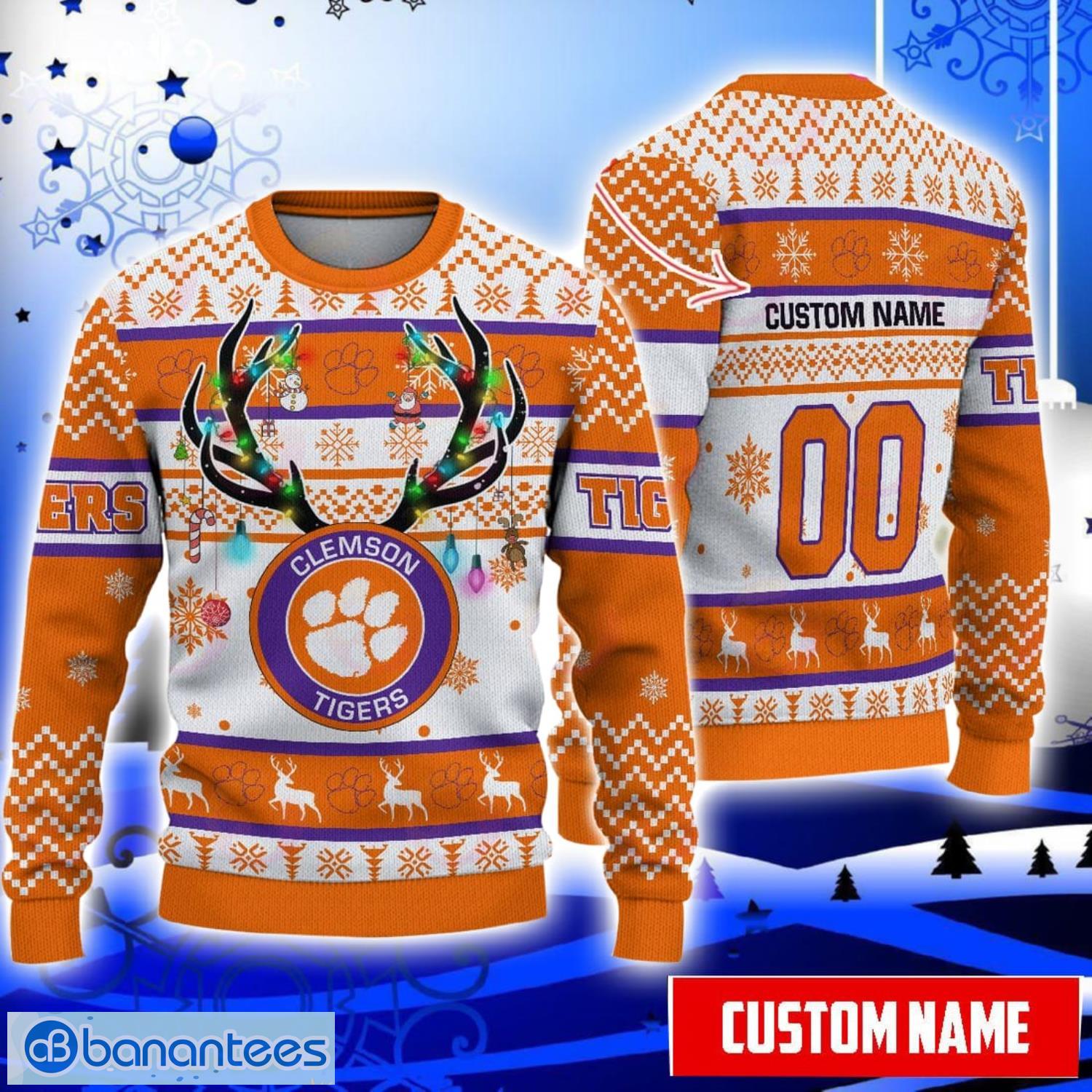 Clemson Tigers Reindeer Pattern Special Custom Name And Number Ugly Christmas Sweater NCAA Fans Gifft Product Photo 1