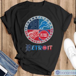 Detroit Tigers Lions Pistons Red Wings 4 teams sports circle logo shirt - Black T-Shirt