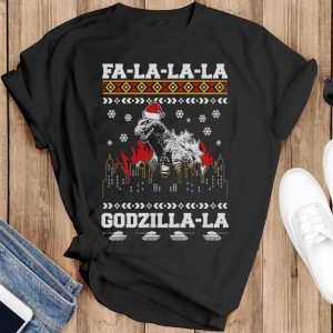 Fa La La La Quotes T-shirt, Giant Monster Christmas Sweatshirts, Santa Monster Movie Xmas - Black T-Shirt