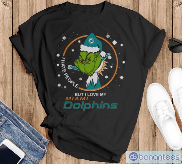 Funny I Hate People But I Love My Miami Dolphins Grinch Shirt - Black T-Shirt