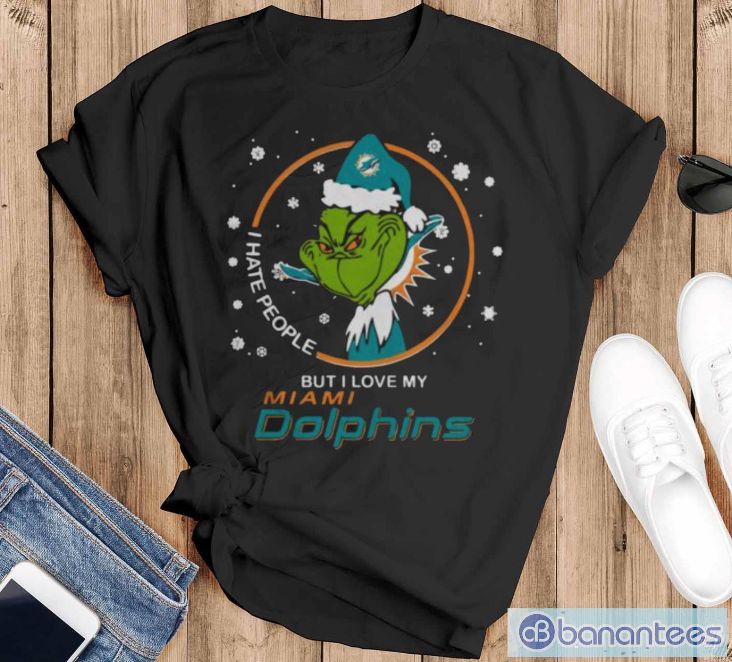 funny i hate people but i love my miami dolphins grinch shirt image Funny I Hate People But I Love My Miami Dolphins Grinch Shirt - Black T-Shirt