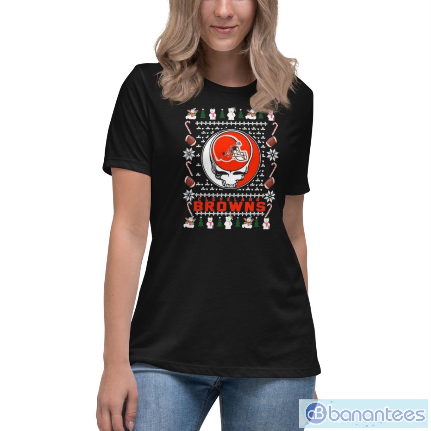 grateful-dead-cleveland-browns-christmas-ugly-shirt-4.jpeg Grateful Dead Cleveland Browns Christmas Ugly Shirt - Women's Relaxed Short Sleeve Jersey Tee