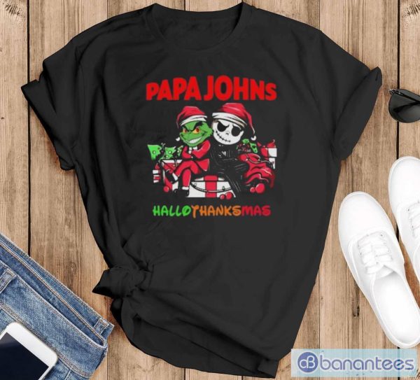 Grinch and Jack Skellington Papa Johns Hallo Thanks Mas t-shirt - Black T-Shirt