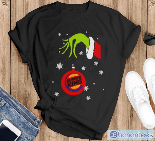 Grinch Hand holding Ornament Burger King Snowflake Christmas shirt - Black T-Shirt