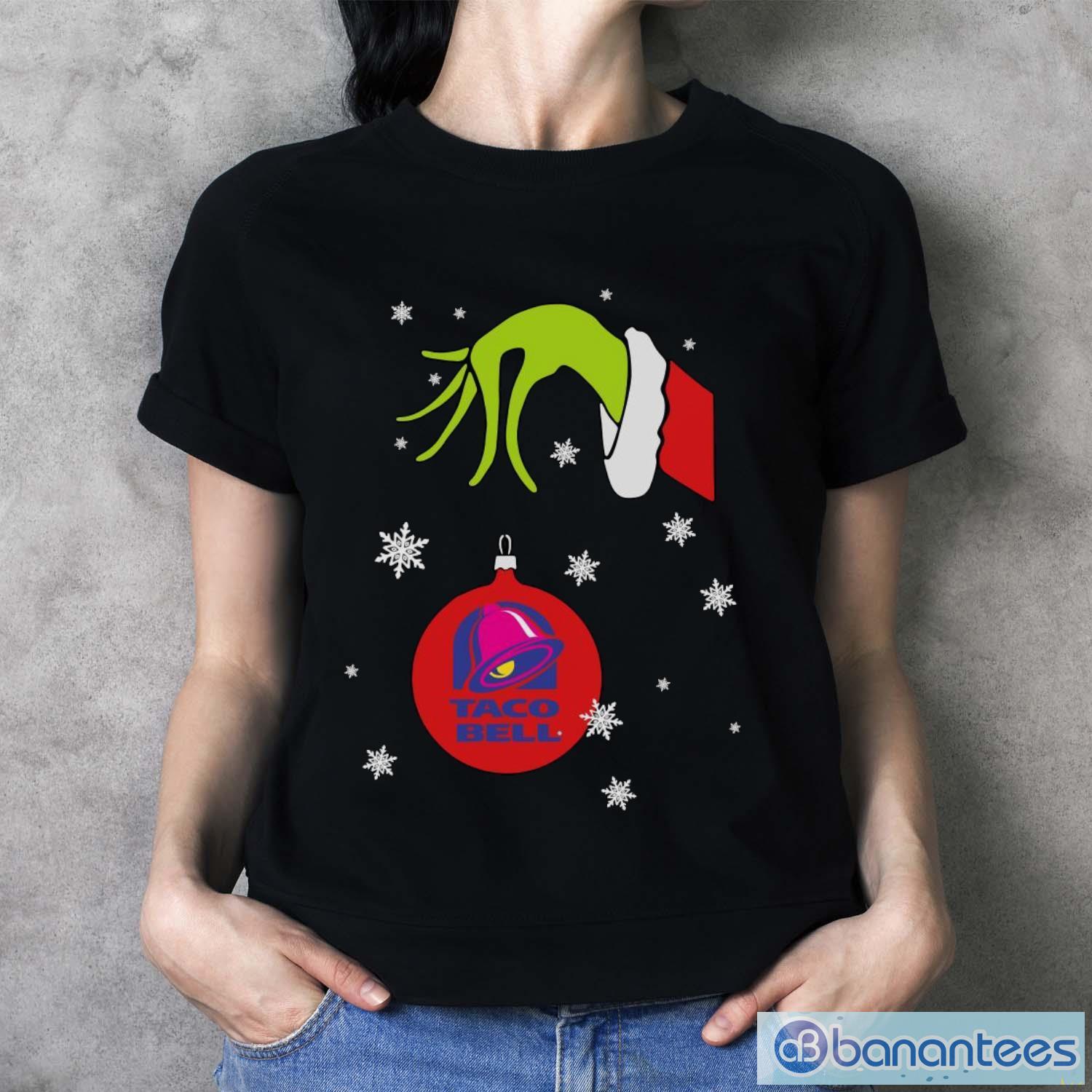 grinch hand holding ornament taco bell snowflake christmas sweater 3 image Grinch Hand holding Ornament Taco Bell Snowflake Christmas Sweater - Ladies T-Shirt