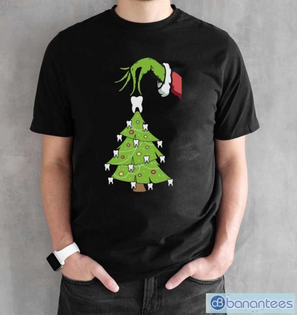 Grinch Hand Holding Tooth Dental Tree Christmas Shirt - Black Unisex T-Shirt